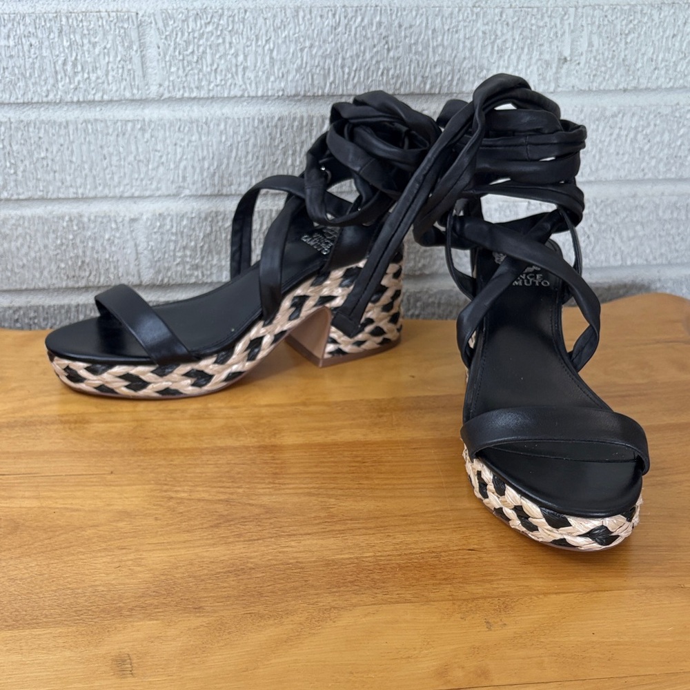 Vince Camuto Roreka Black Leather Platform Strappy Sandals Size 7.5 Raffia Heel